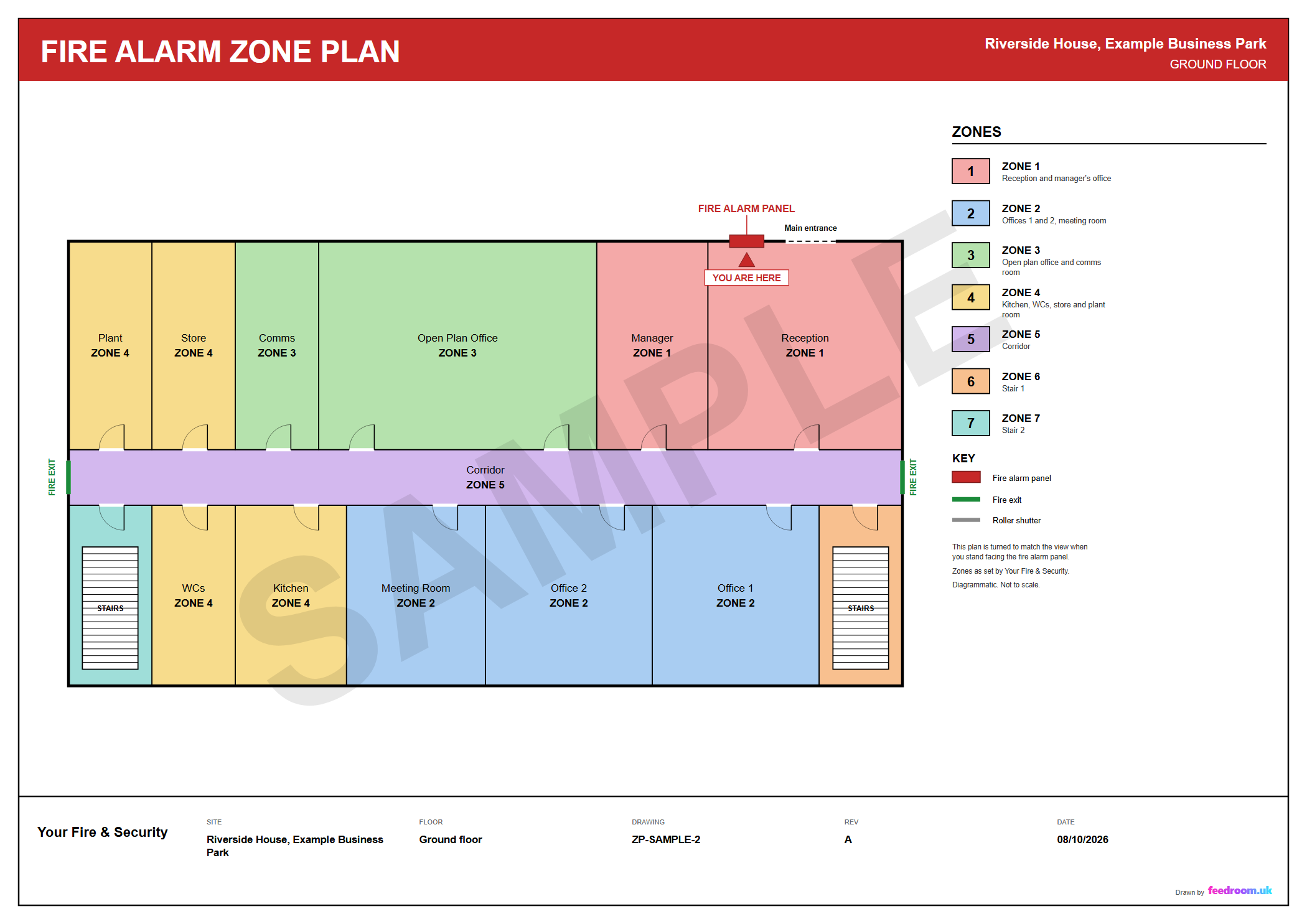 Sample fire alarm zone plan of an office floor, with each zone coloured and numbered and the fire alarm panel marked.