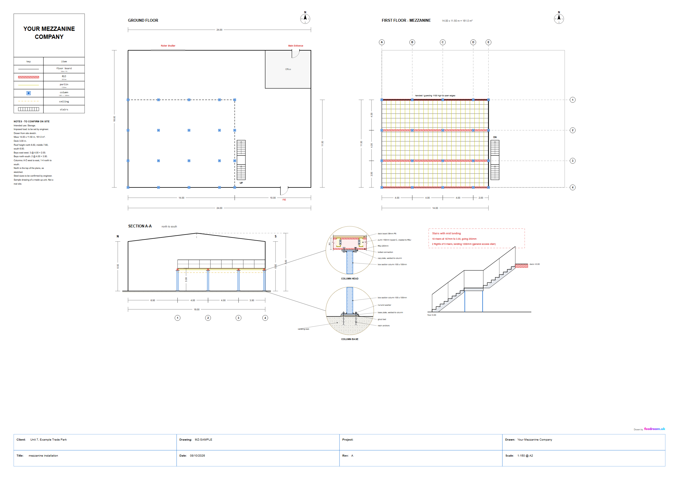 Sample mezzanine floor drawing with a ground floor plan, a first floor plan, a section and column details.