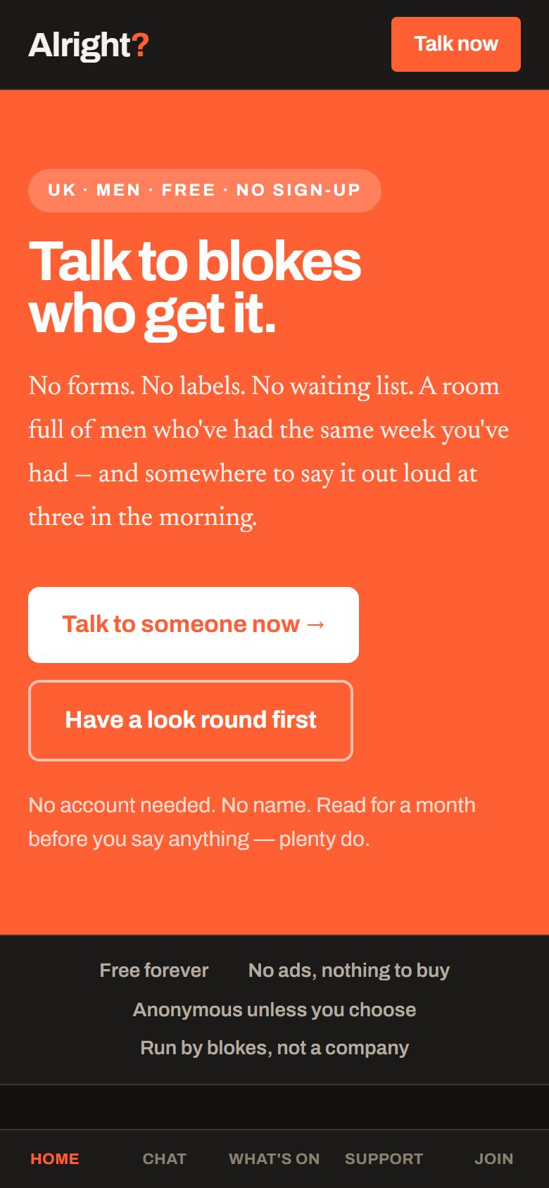 The Alright? app home screen, headlined “Talk to blokes who get it.”