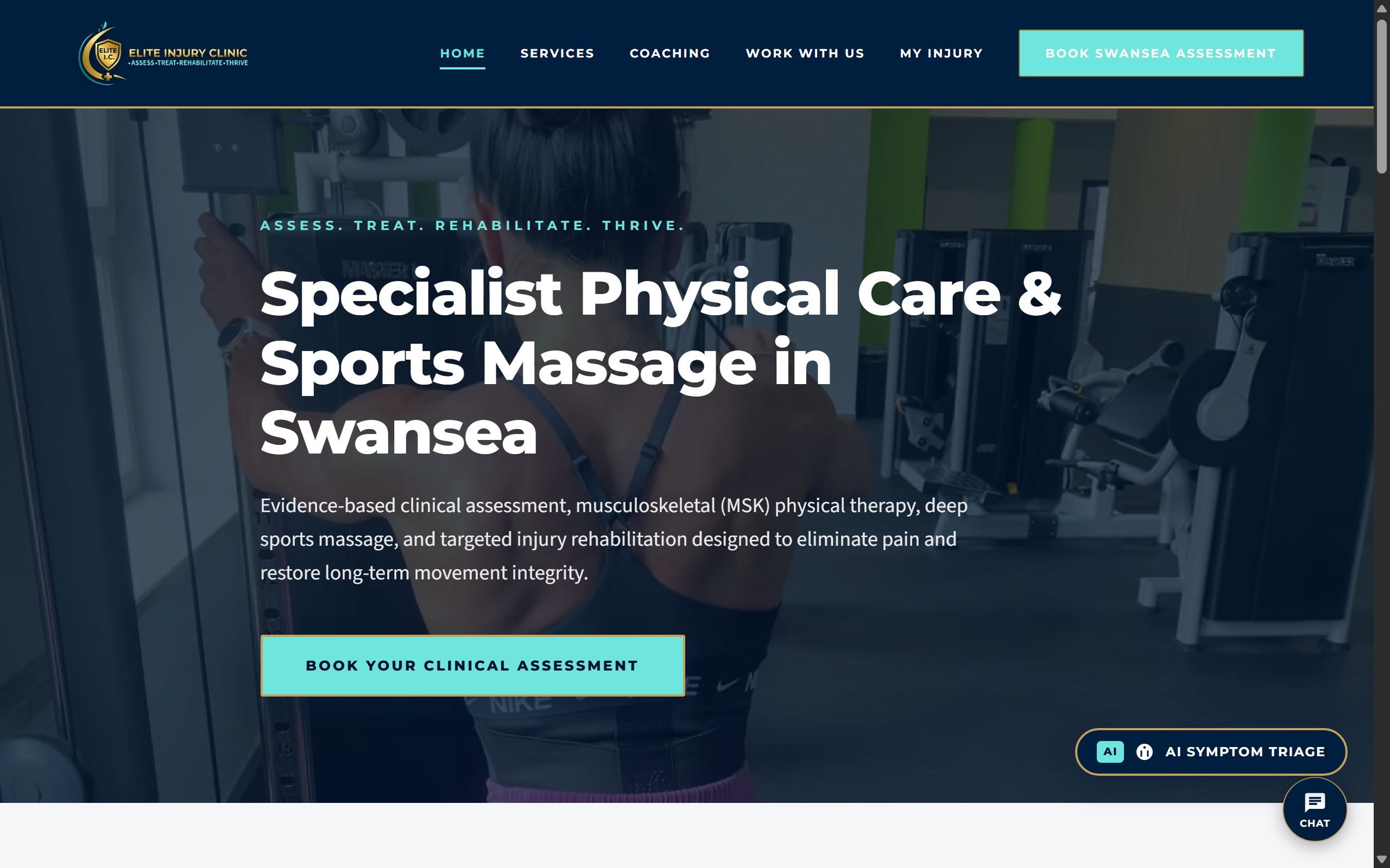 The Elite Injury Clinic homepage, headlined “Specialist Physical Care & Sports Massage in Swansea”.
