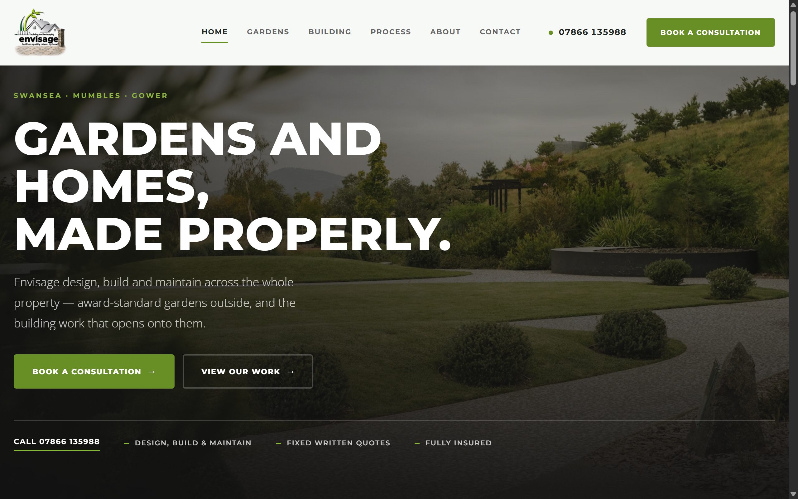The Envisage homepage, headlined “Gardens and homes, made properly.”