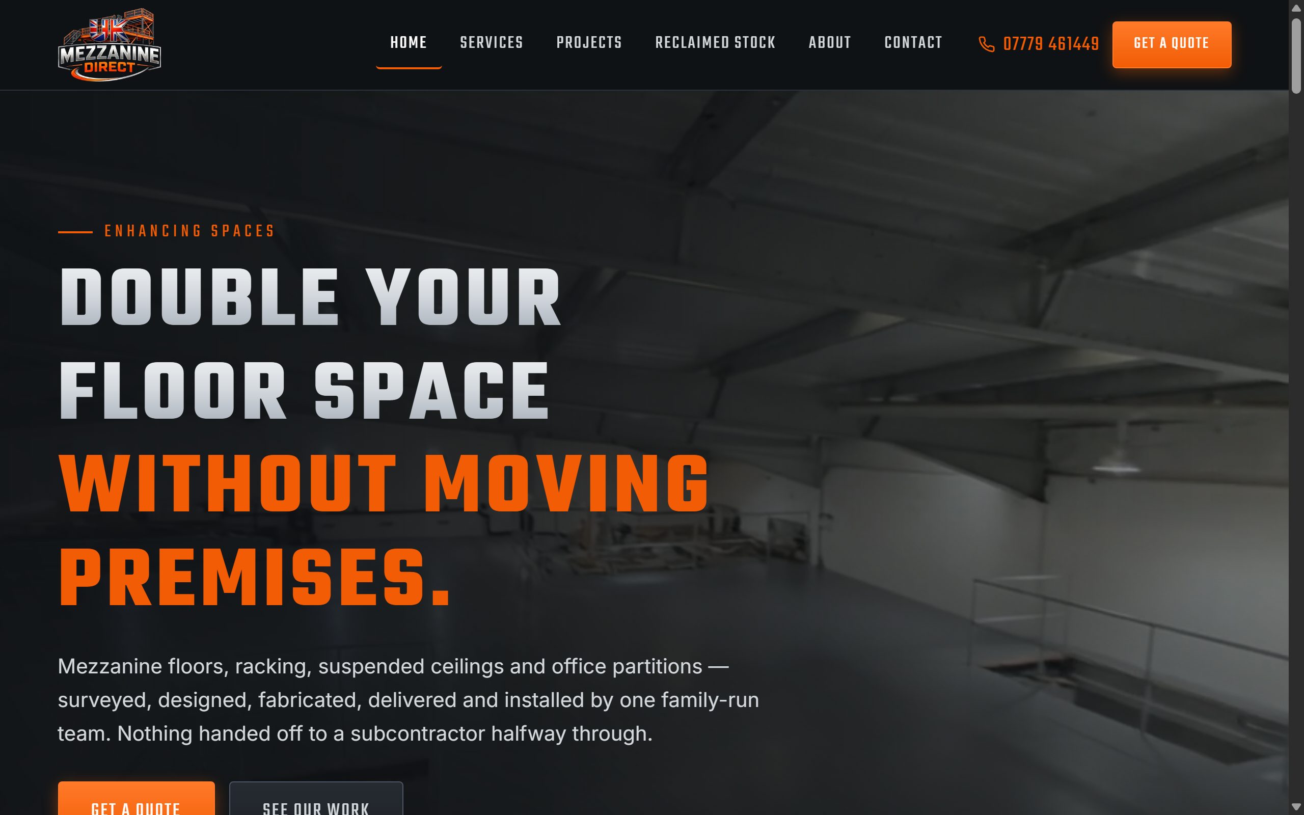 The rebuilt UK Mezzanine Direct homepage, headlined “Double your floor space without moving premises.”